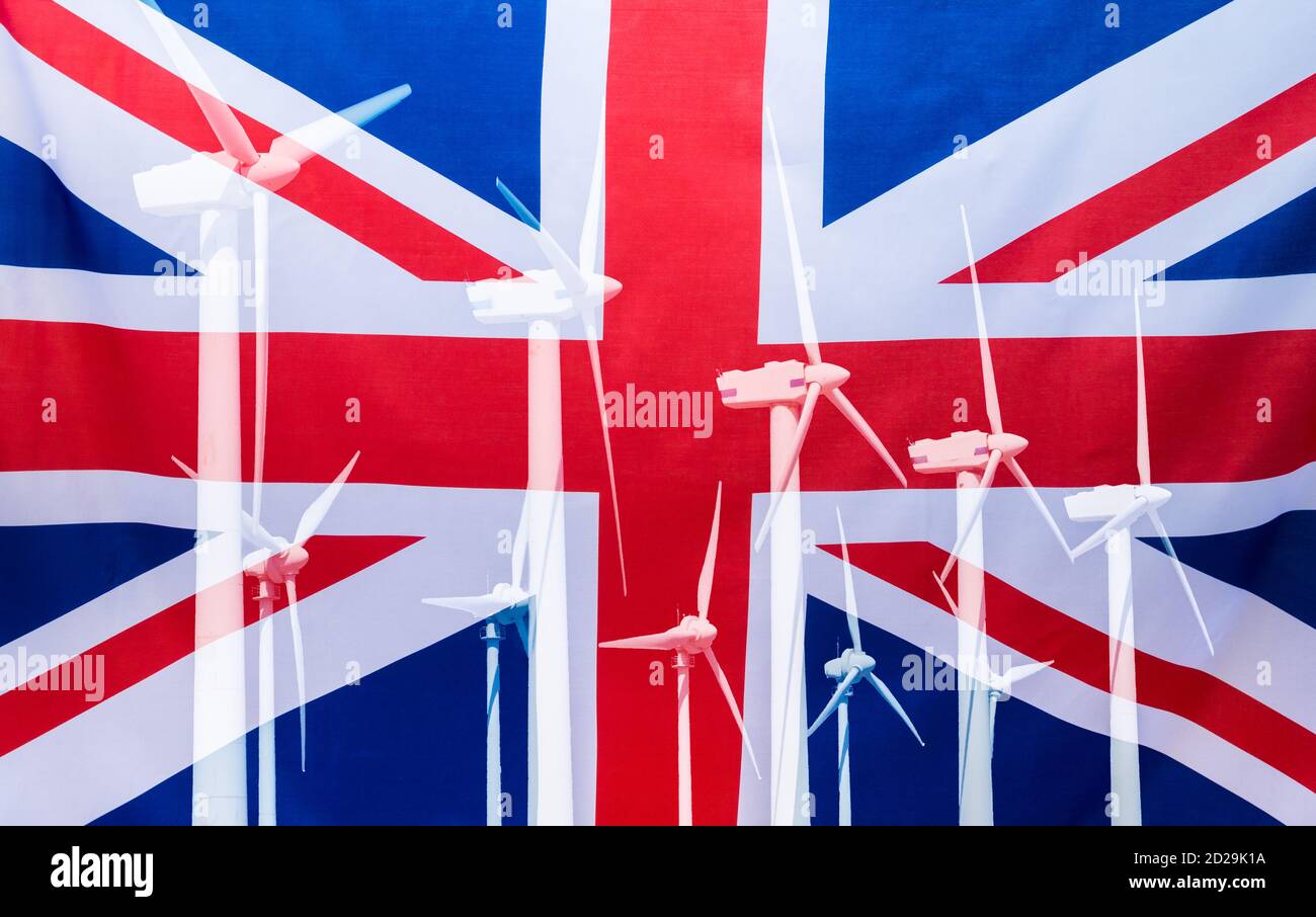 Turbine eoliche Concept UK. Energia eolica e da onda, concetto di energia rinnovabile pulita. Foto Stock