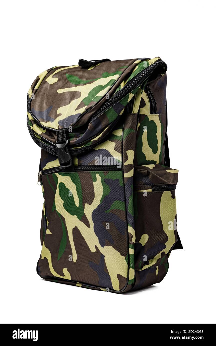 Grande zaino militare isolato su sfondo bianco Foto Stock