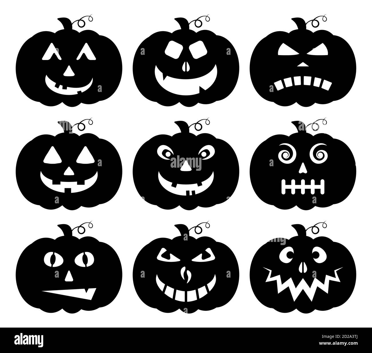 Collezione di silhouette di zucca di Halloween isolata su bianco. Insieme di vettori di espressione di faccia spaventosa. Divertente jack o lanterna sorriso. Elementi di progettazione cartoni animati di ev Illustrazione Vettoriale