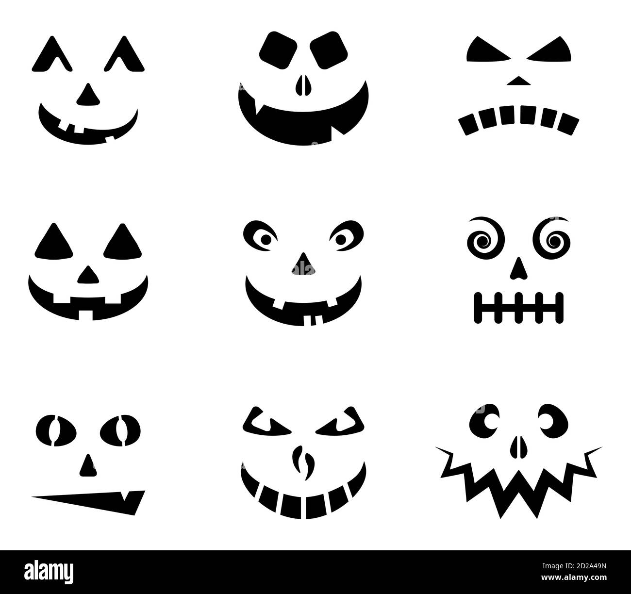 Collezione di silhouette Halloween intagliate. Jack o lanterna spaventoso emozioni cartoon vettore insieme isolato su bianco. Insieme di espressioni fantasma o mostro Illustrazione Vettoriale