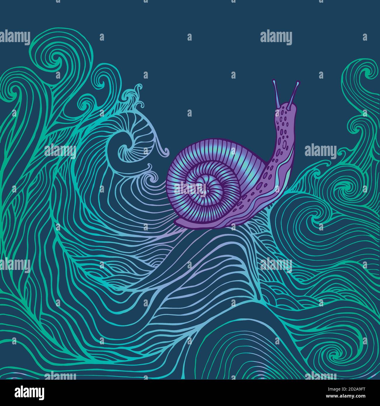Fantasy lumaca e onda, pagina di colore blu profondo. Illustrazione Vettoriale