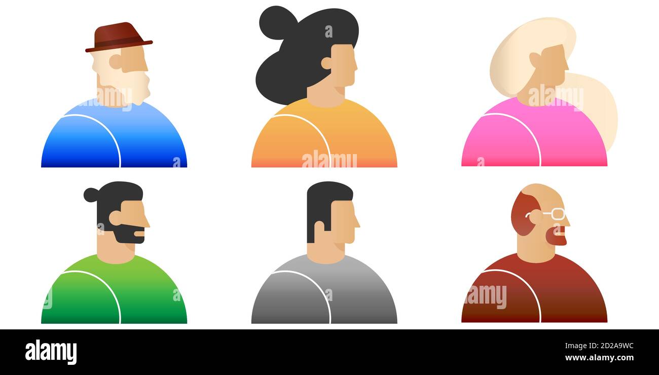 Set di icone avatar. Sei persone diverse illustrazione modello piatto stile vettore, Illustrazione Vettoriale