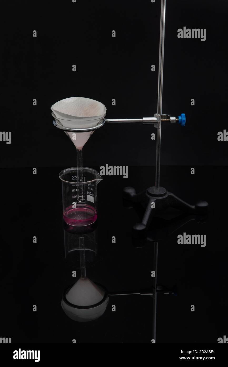 Carta da filtro in laboratorio. Gli scienziati sono la filtrazione chimica  filtrando attraverso la carta da filtro in un imbuto di vetro, primo piano  Foto stock - Alamy