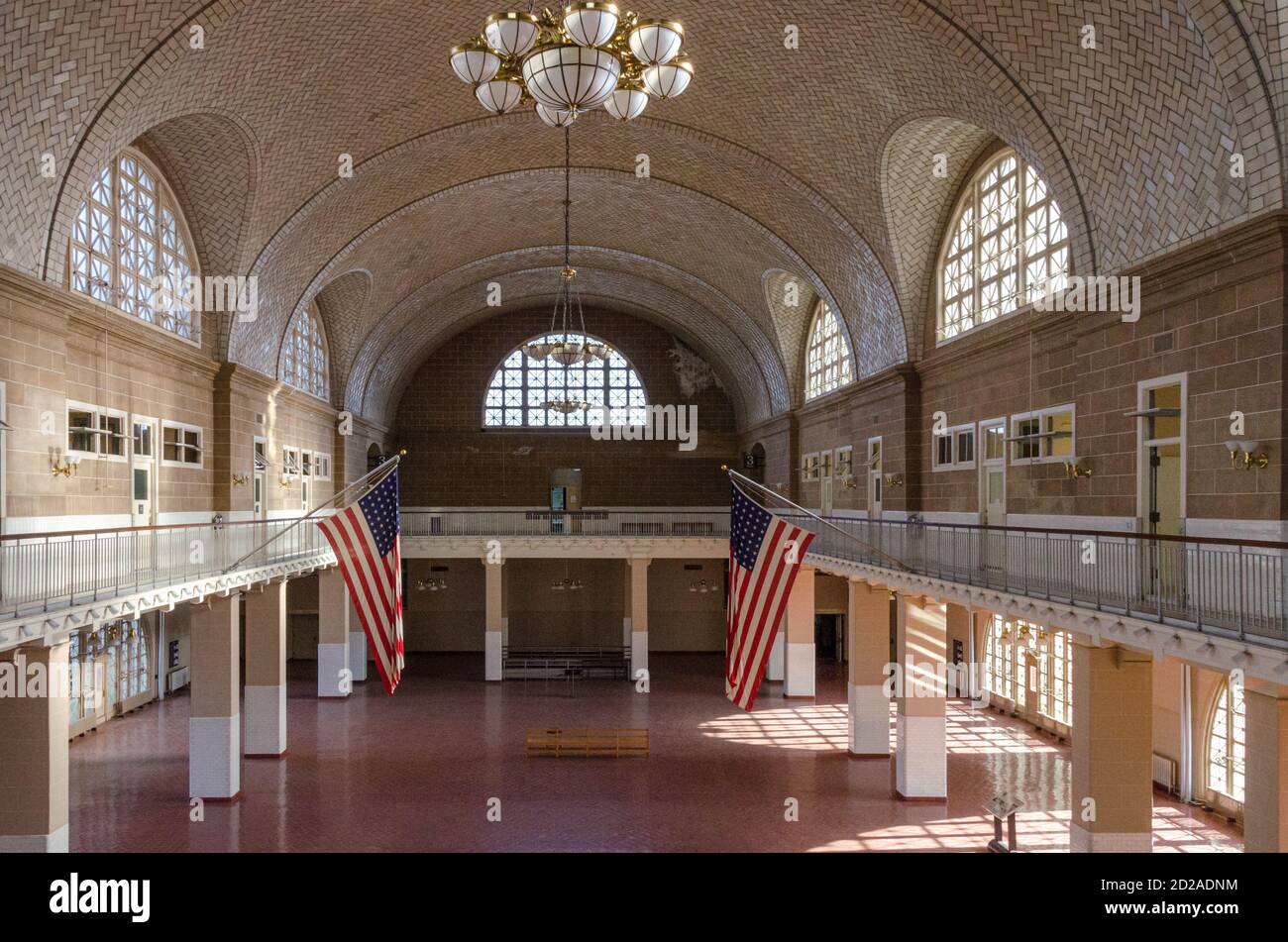 Ellis Island, NY, 1/31/13 -- Ellis Island, che ospita il Museo dell'immigrazione, è stata pesantemente danneggiata dall'uragano Sandy. Foto di Liz Roll Foto Stock