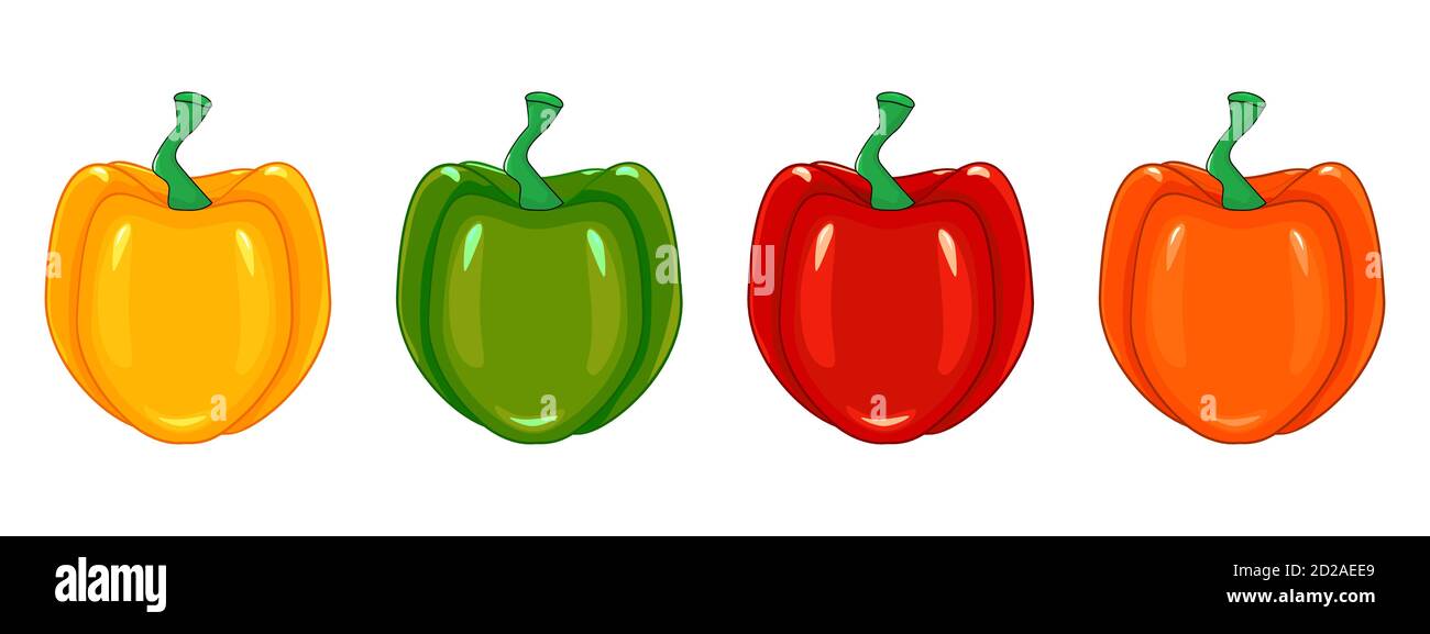 Set di paprika in diversi colori isolati su sfondo bianco. Collezione di peperoni rossi, verdi, arancioni, gialli.Campana di Capsicum.illustrazione vettoriale di Stock Illustrazione Vettoriale