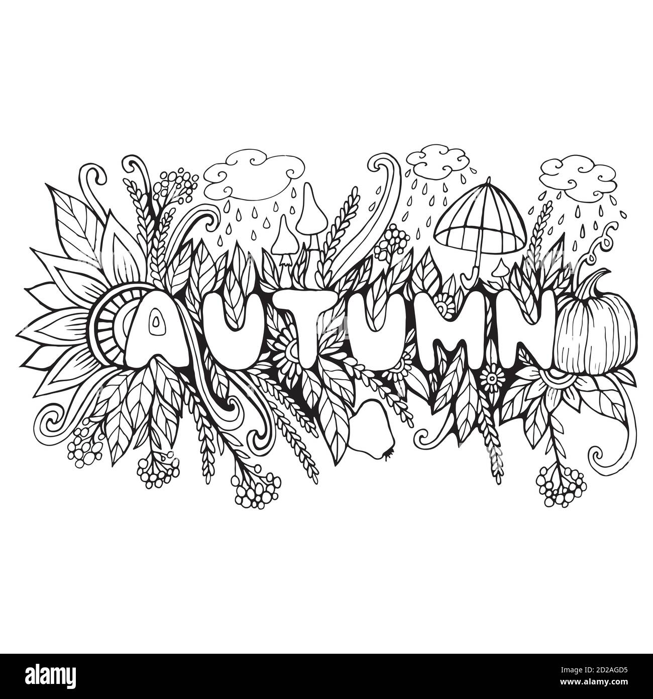 Cartoon Autunno Parola con Doodle elementi zucca, fungo, Flo Illustrazione Vettoriale