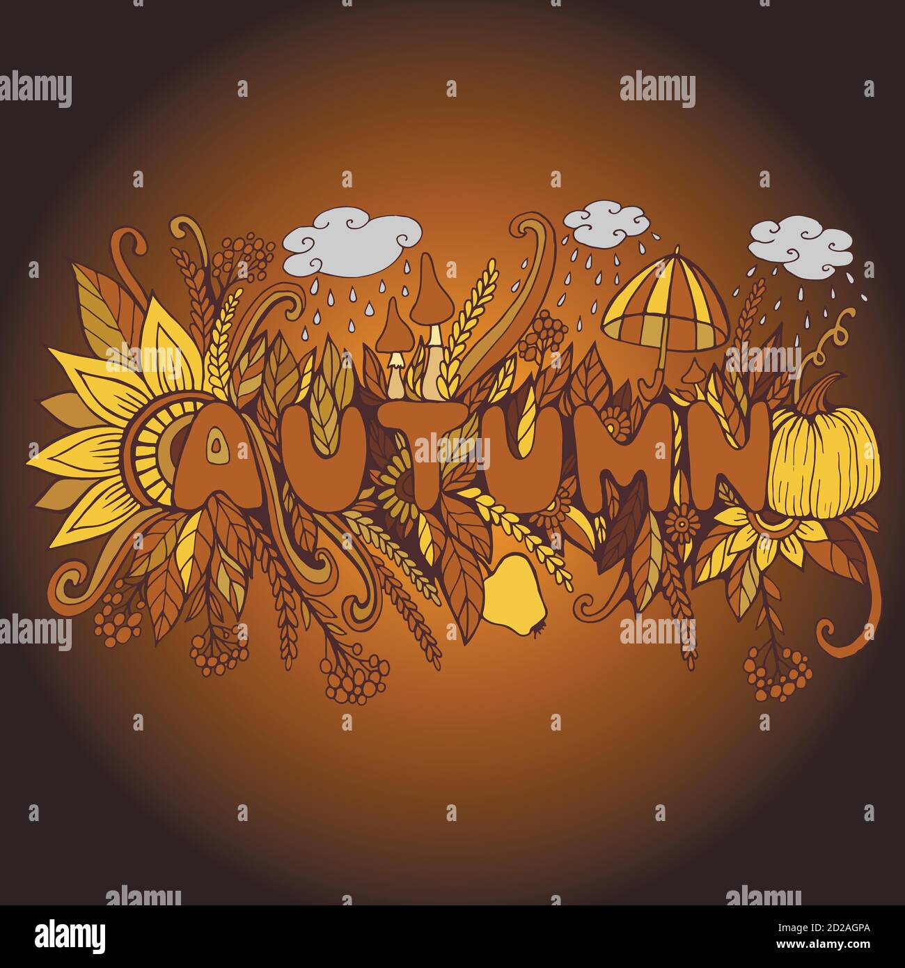 Verbo d'autunno d'epoca con zucca, fungo, Flo Illustrazione Vettoriale