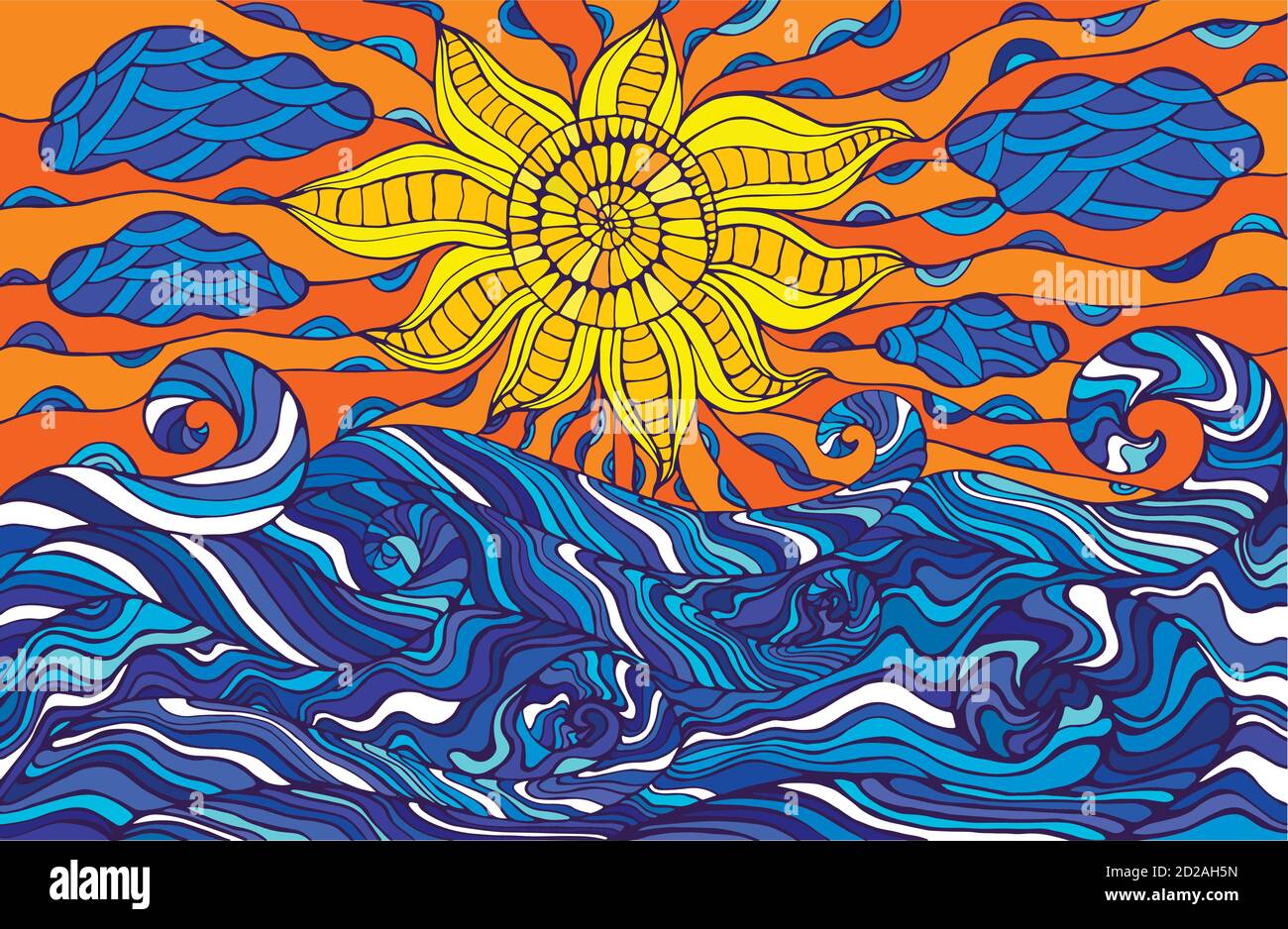 Coloratissimi doodle sole, nuvole e onde oceaniche. Fantastico surreale s Illustrazione Vettoriale