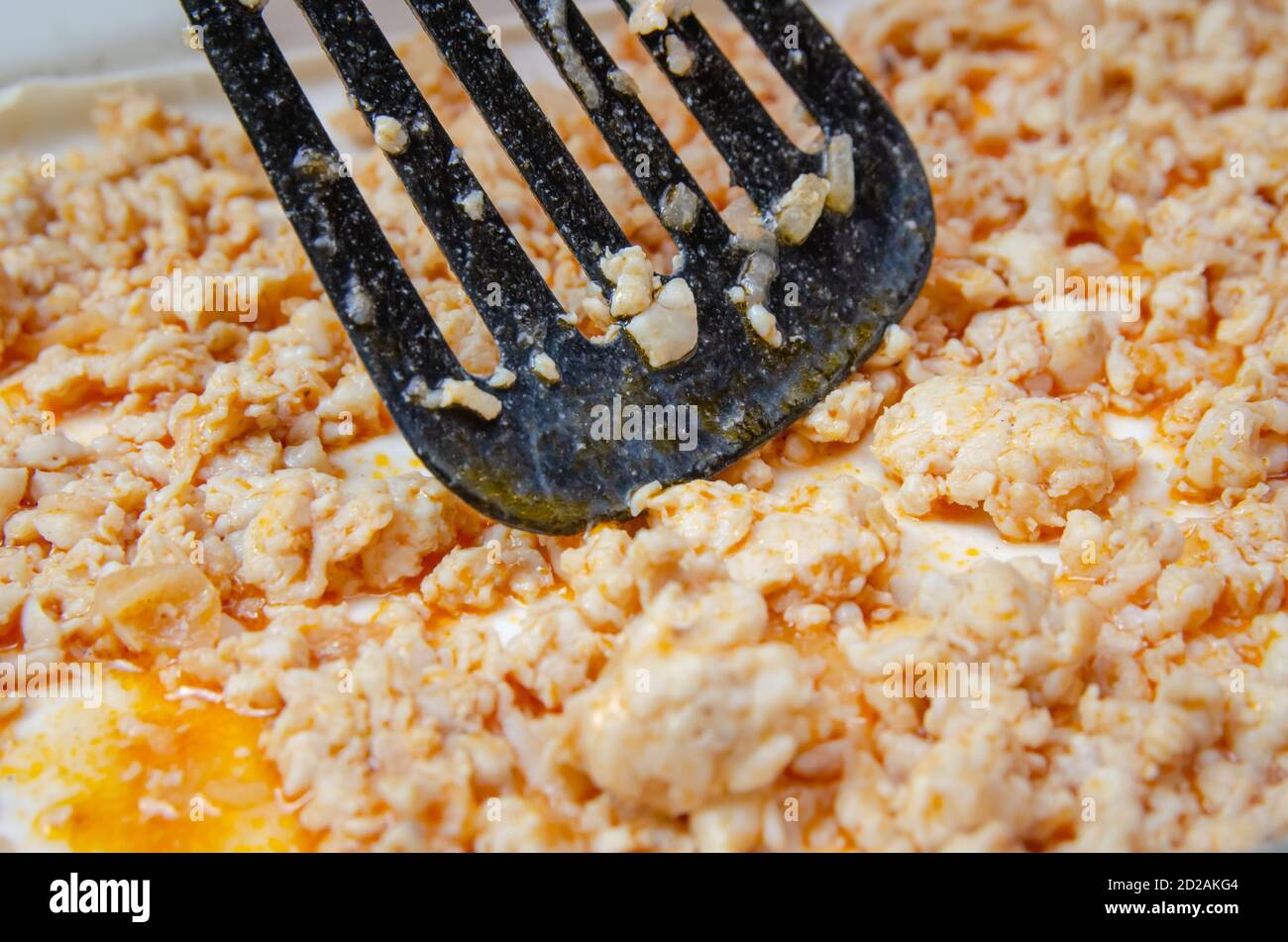 donna prepara deliziose lasagne. Utilizzando una spatola nera, la donna distribuisce la carne macinata sopra le lasagne in primo piano Foto Stock