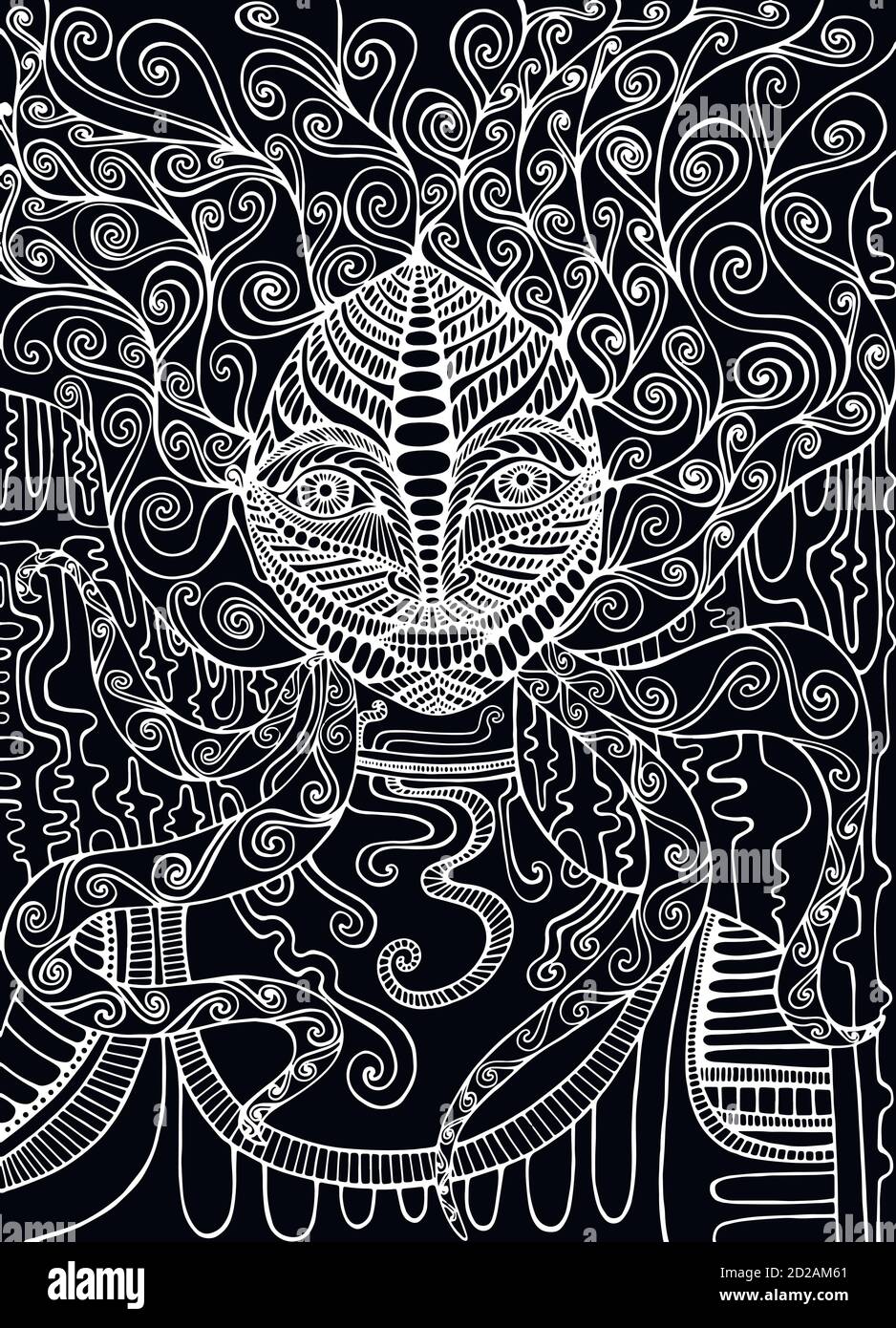 Sciamano a spirito bianco e nero. Surreale fantasia doodle donna. Illustrazione Vettoriale