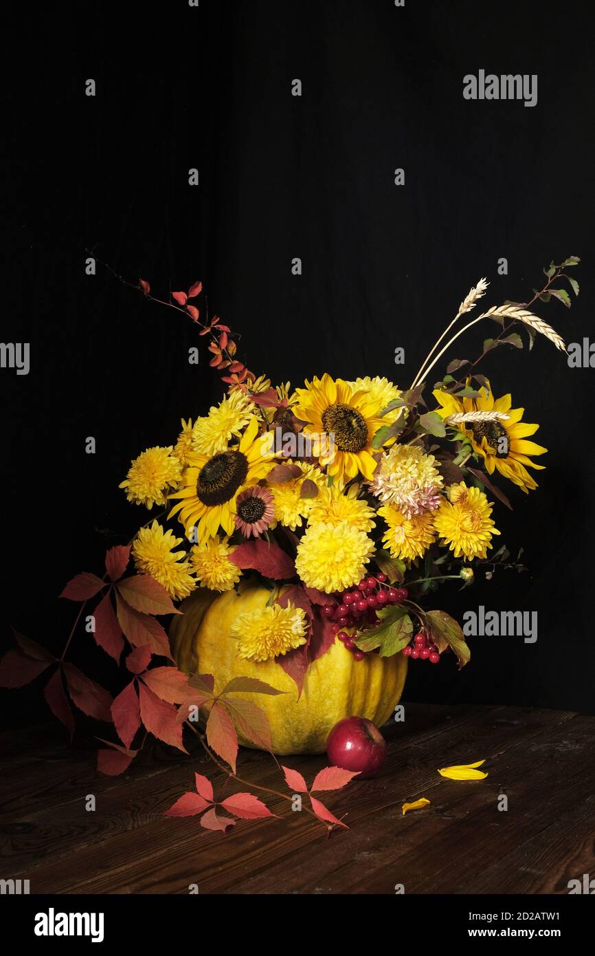 Disposizione dei fiori con girasoli in una zucca su sfondo nero. Concetto di spazio di ringraziamento e copia Foto Stock