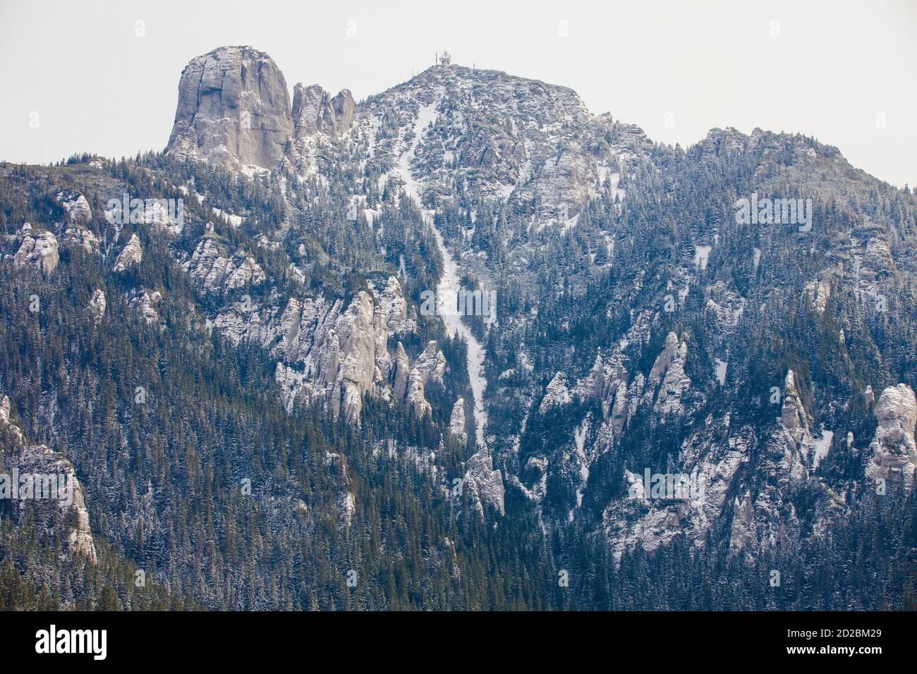 grande pietra di roccia nel paesaggio di montagna, dopo la neve. Carpazi rumeni, Ceahlau Foto Stock