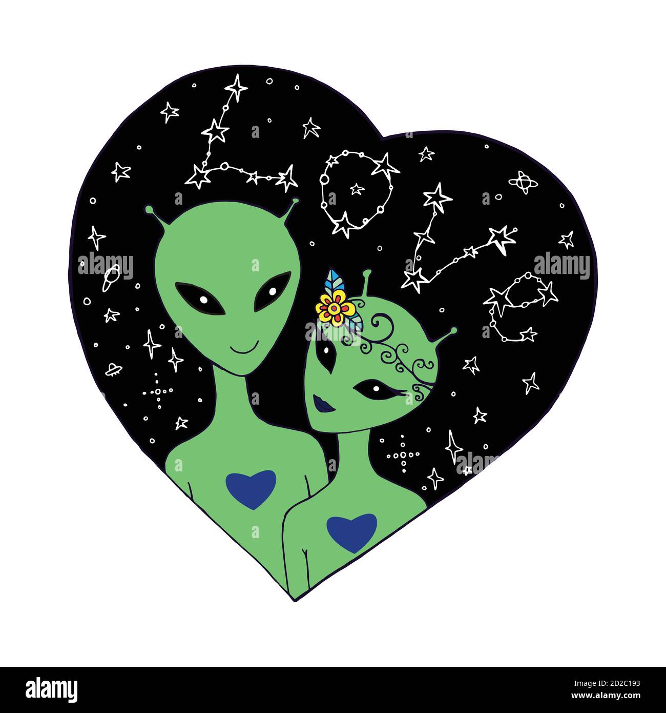 Una coppia amorevole alieni in cielo stellato. Illustrazione Vettoriale