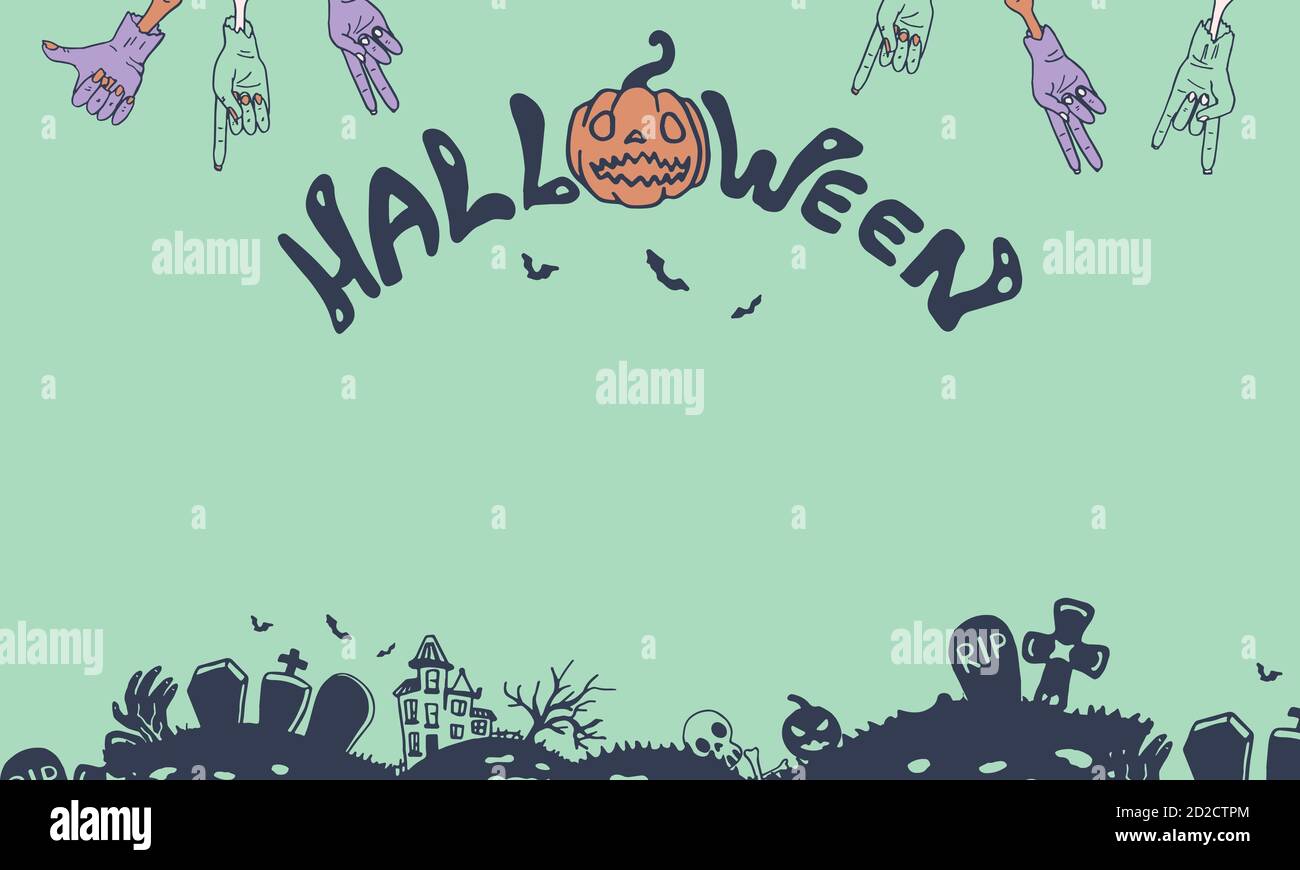 Banner Halloween su sfondo verde. Cartolina per le vacanze con spazio per la copia di un invito o di un buono regalo, taccuino, tegola da bagno, album. Custodia o panno per telefono Illustrazione Vettoriale