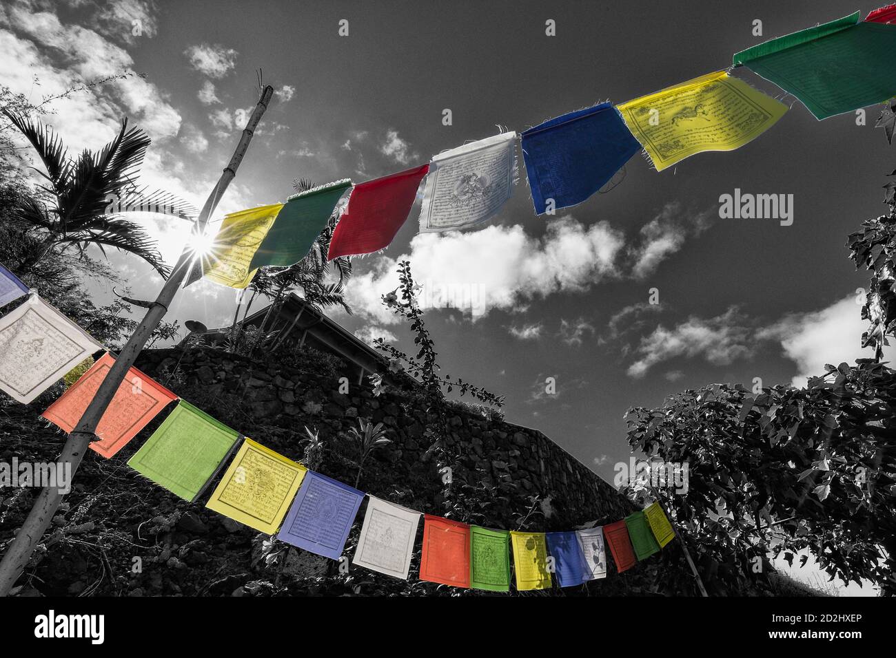 Bandiere di preghiera a colori con sunburst in un ambiente bianco e nero in Hawai'i. Foto Stock