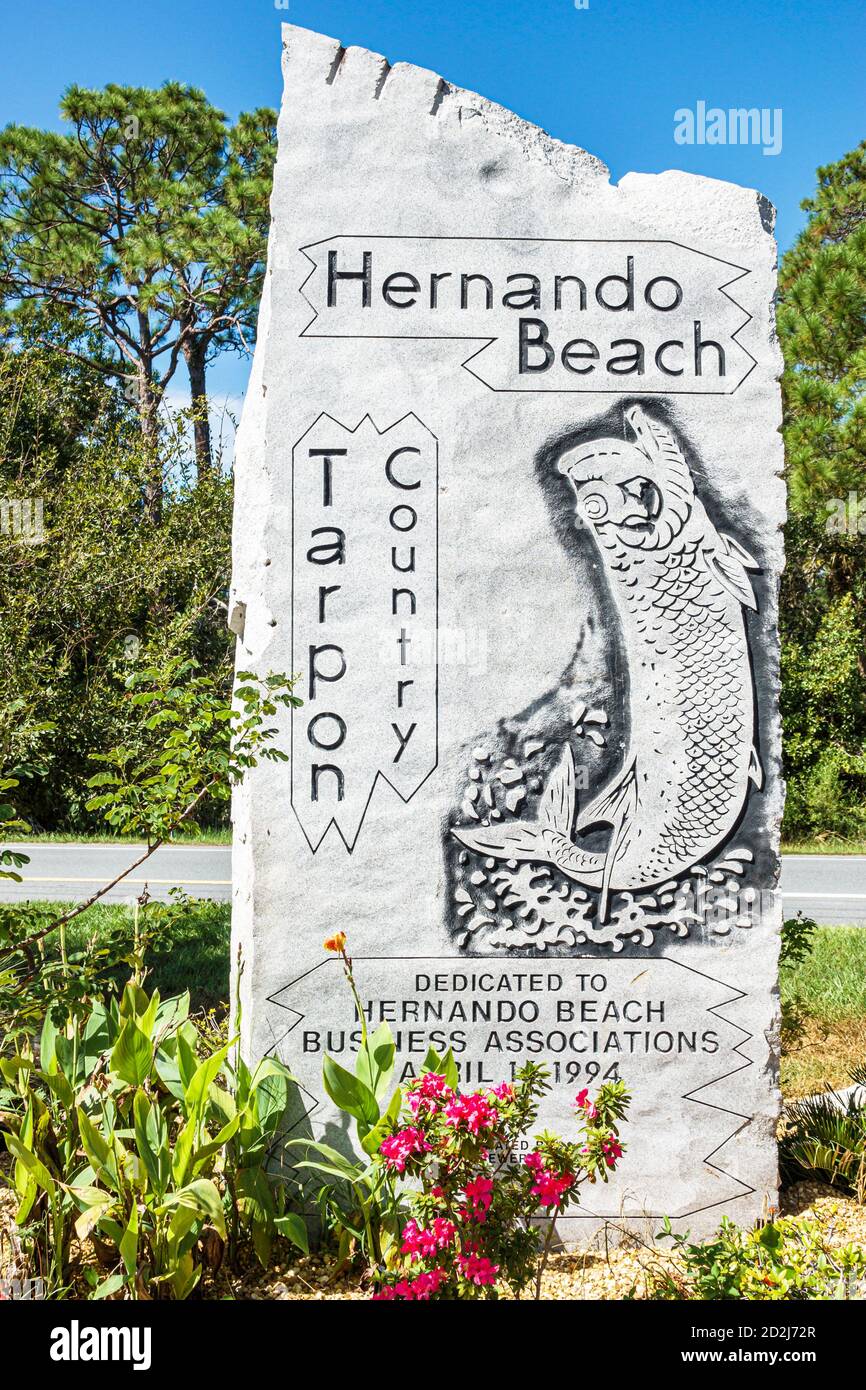 Florida, Hernando Beach, cartello di benvenuto ingresso villaggio, pesca paese tarpon, i visitatori viaggio viaggio turismo turistico punto di riferimento cultura Foto Stock