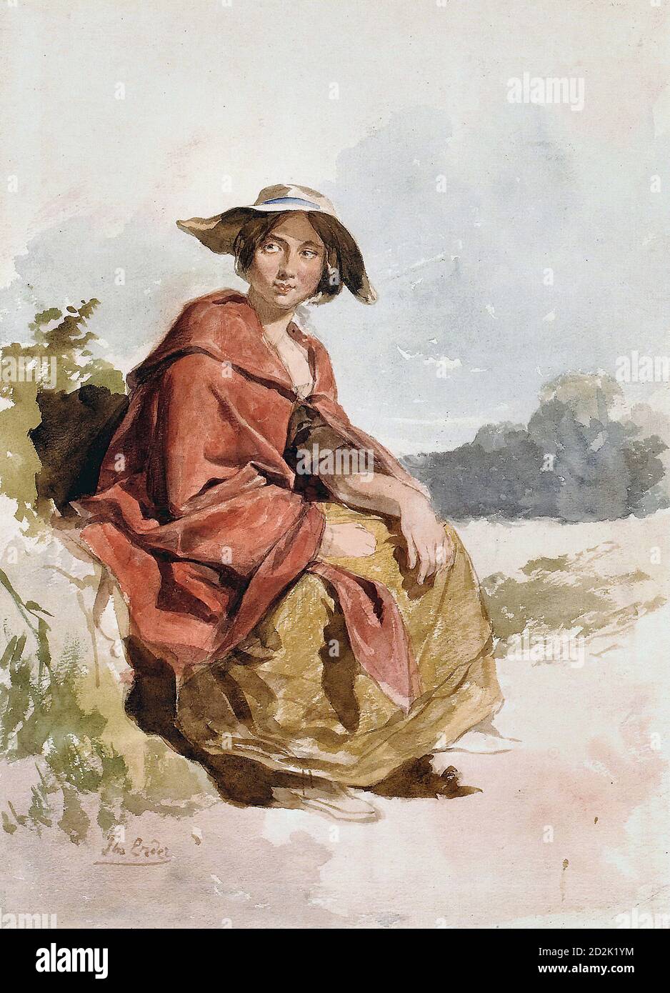 Ender Thomas - Sitzende mit Rotem Umhang in Landschaft - Scuola austriaca - 19 ° secolo Foto Stock