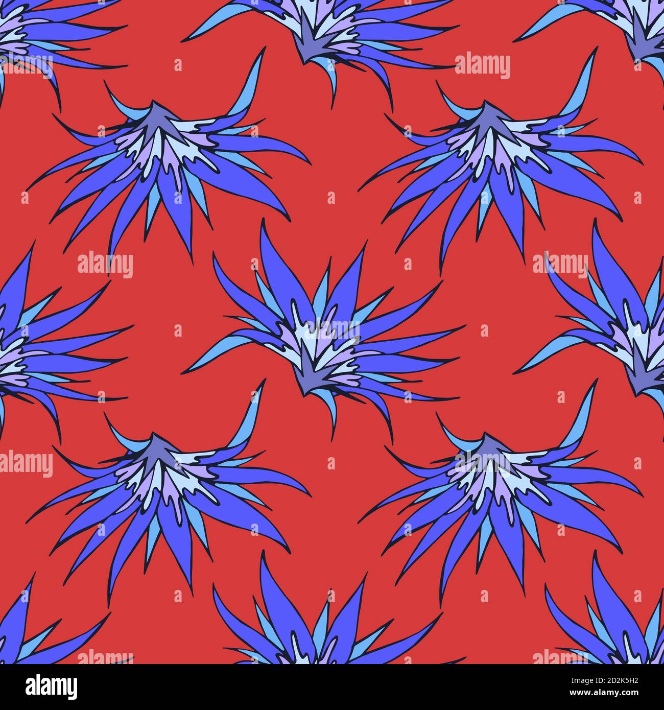 Motivo senza cuciture con fiori disegnati a mano. Nei colori rosso e blu. Illustrazione Vettoriale