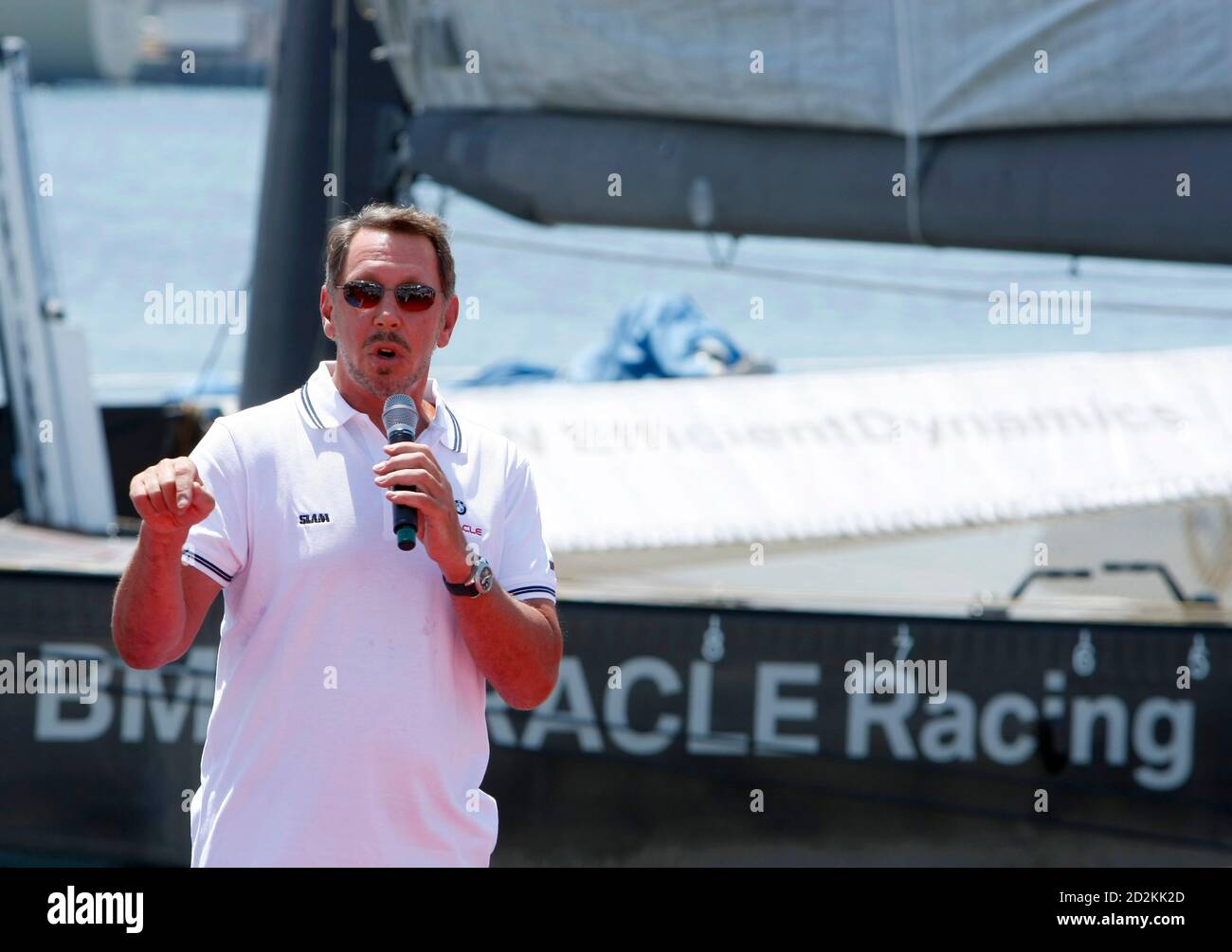 Oracle Corp co-founder and CEO Larry Ellison makes the announcement that  the BMW Oracle team will be racing its BOR 90 trimaran nicknamed  "Dogzilla", during a news conference in San Diego, California