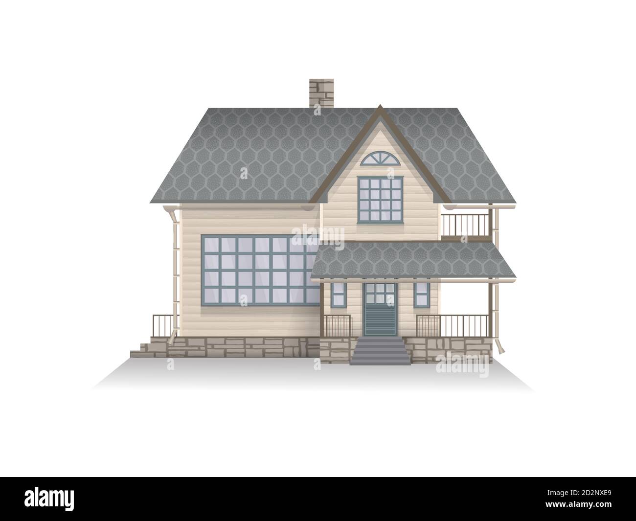 Illustrazione vettoriale di dettagliata casa di famiglia suburbana con mansarda. Casa di legno. Isolato su sfondo bianco. Illustrazione Vettoriale