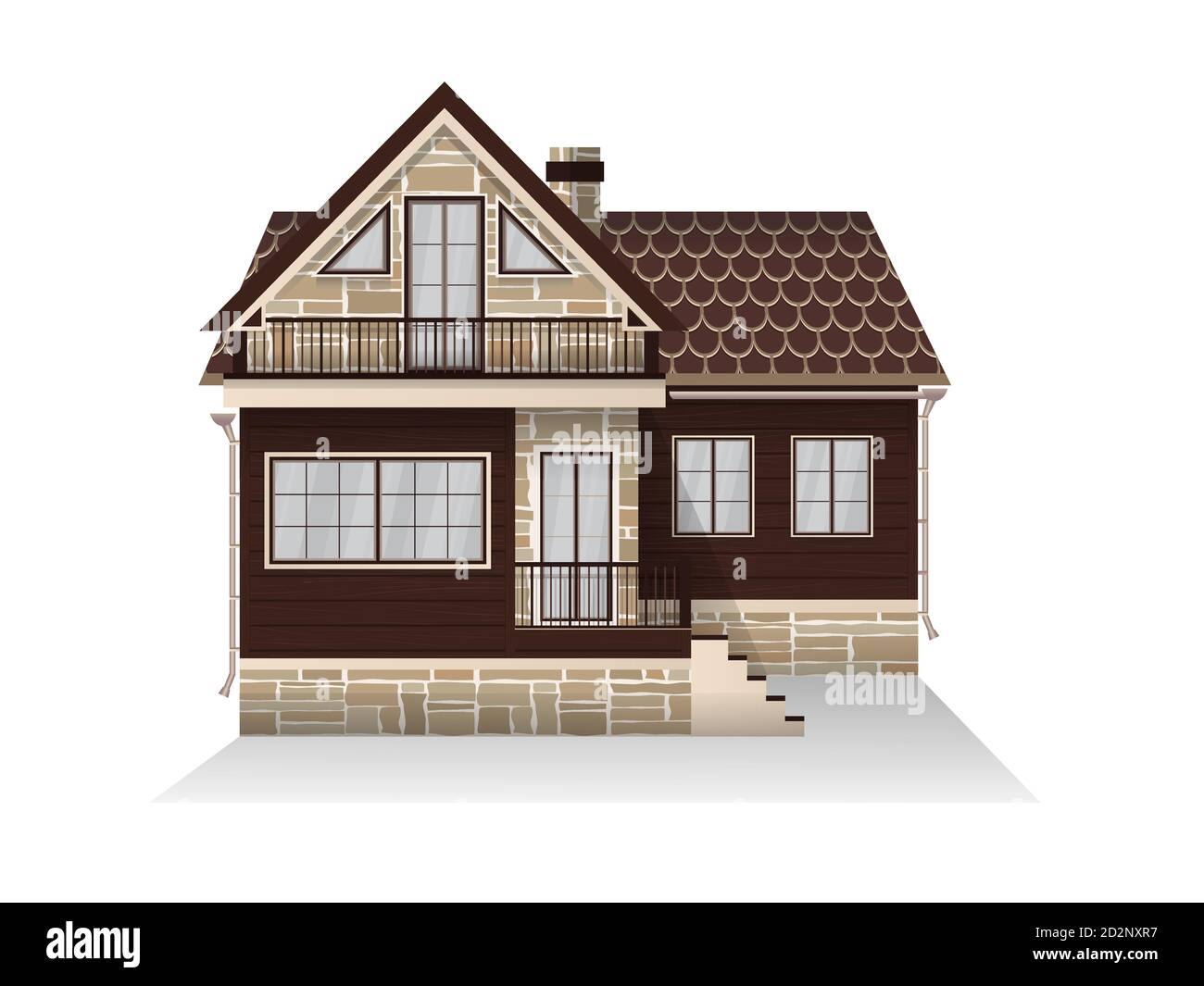 Illustrazione vettoriale di dettagliata casa di famiglia suburbana con mansarda. Casa di legno. Isolato su sfondo bianco. Illustrazione Vettoriale