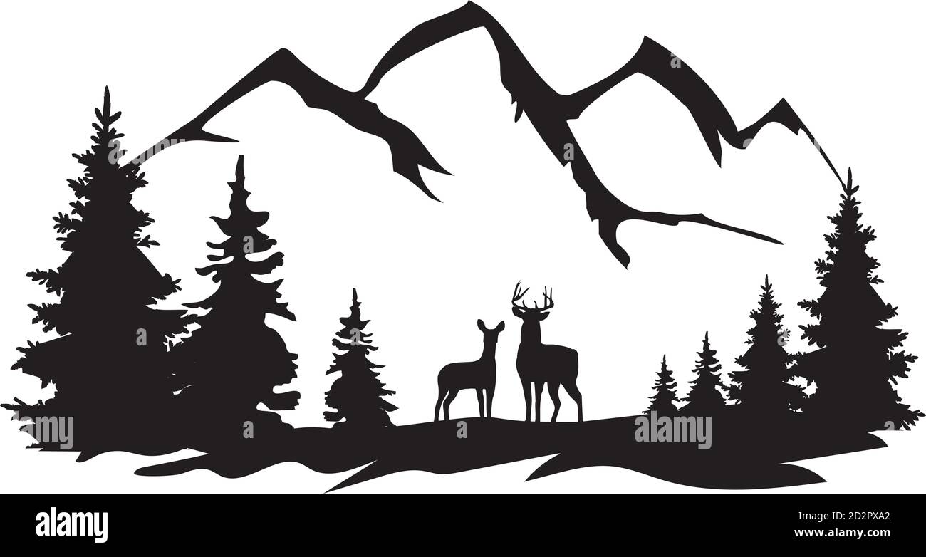 illustrazione vettoriale di natura selvaggia, silhouette di cervi, foresta, montagne. Illustrazione Vettoriale