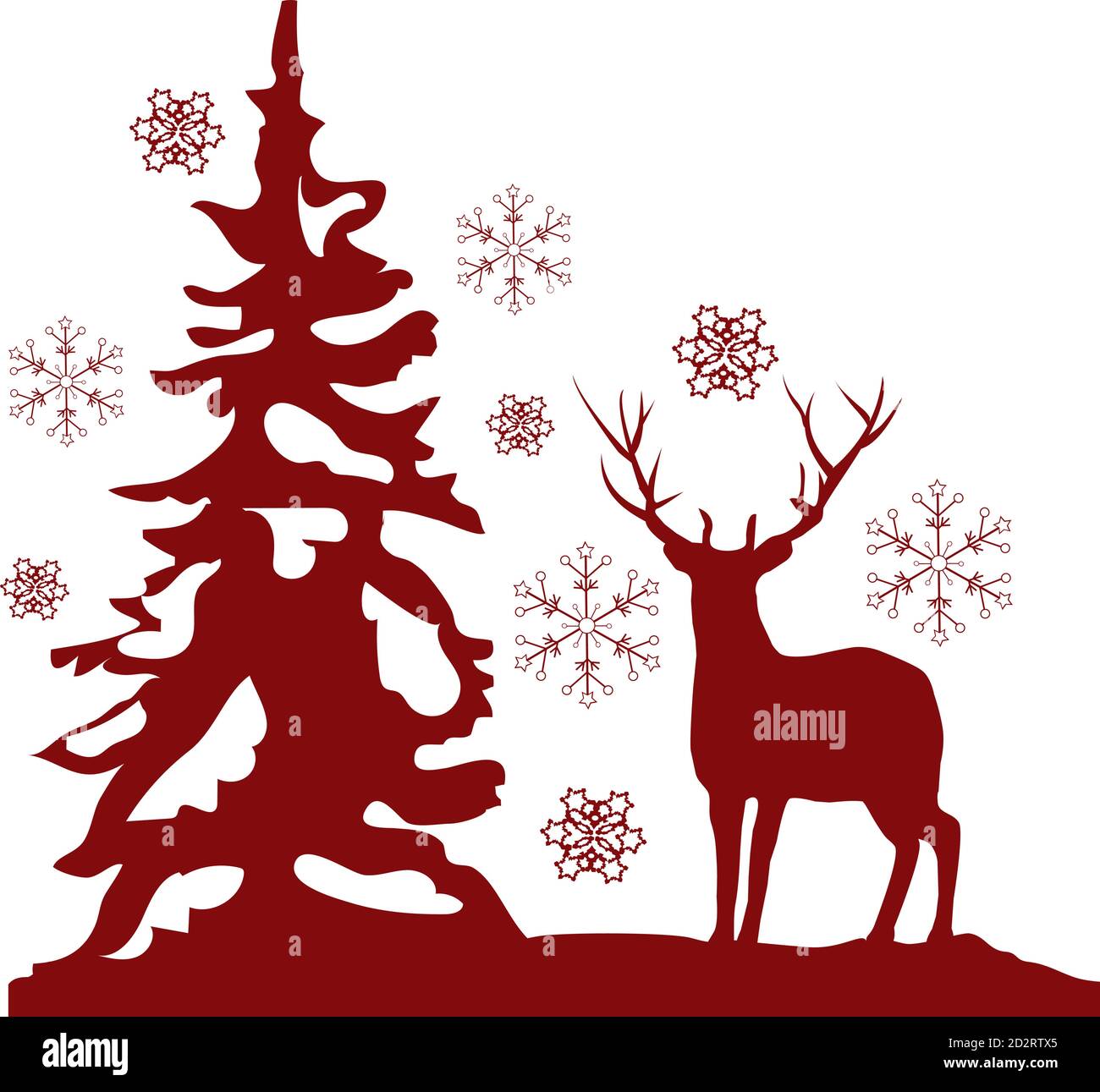 Illustrazione vettoriale della carta di Natale con un cervo rosso, un albero rosso e fiocchi di neve. Illustrazione Vettoriale