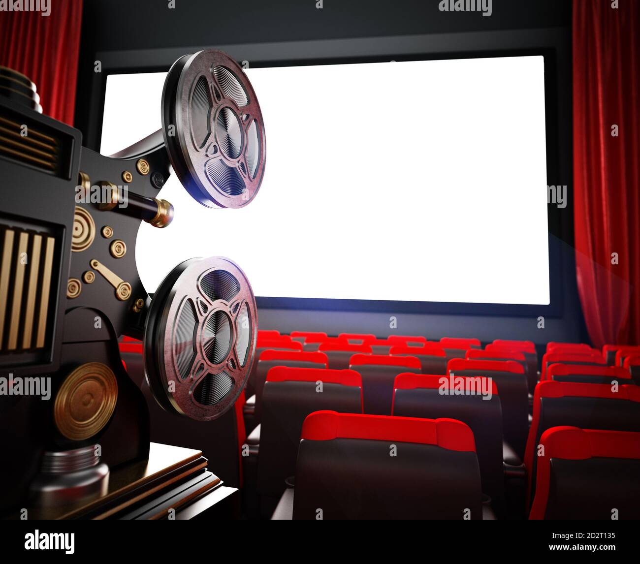 Proiettore cinematografico d'epoca nel cinema. Illustrazione 3D. Foto Stock
