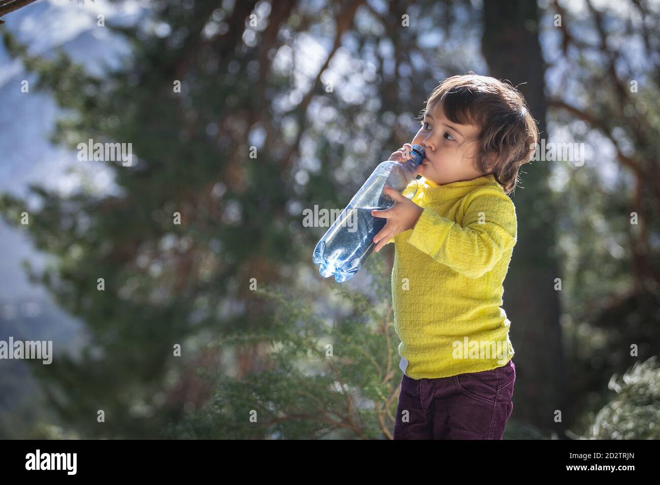 Un bambino serio in piedi in natura il giorno di sole e bere acqua pulita e pulita dal flacone di plastica Foto Stock Un bambino serio in piedi in natura il giorno di sole e bere acqua pulita e pulita dal flacone di plastica Foto Stock