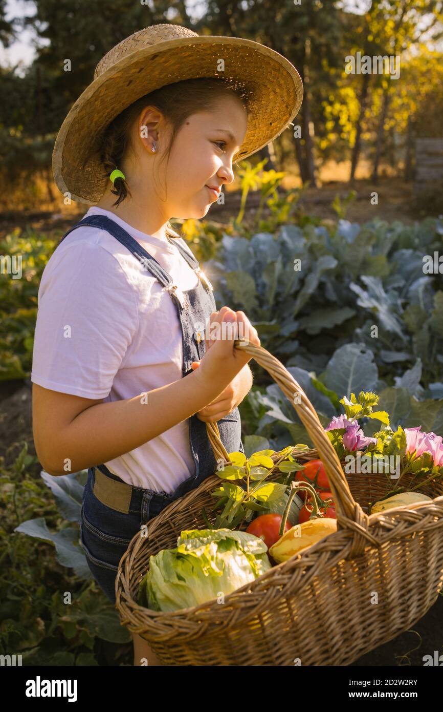 Vista laterale del simpatico bambino in cappello di paglia in piedi lussureggiante giardino e raccolta di verdure mature in cesto in estate Foto Stock