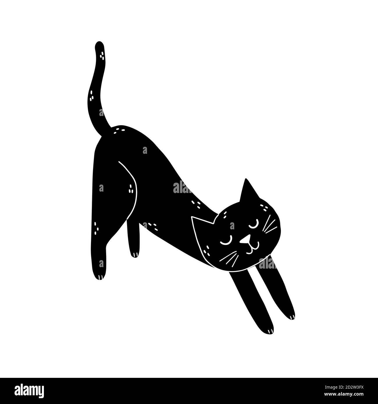 Carino gatto nero stretching elemento isolato. Carattere felino Illustrazione Vettoriale