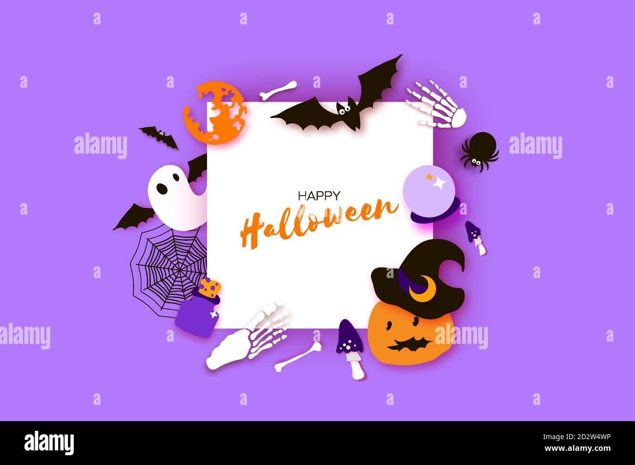 Festa di Halloween felice. Notte mistica con zucca, pipistrello, ossa, fantasma. Trucco o trucco. Telaio quadrato. Spazio per il testo. Arte artigianale della carta Illustrazione Vettoriale