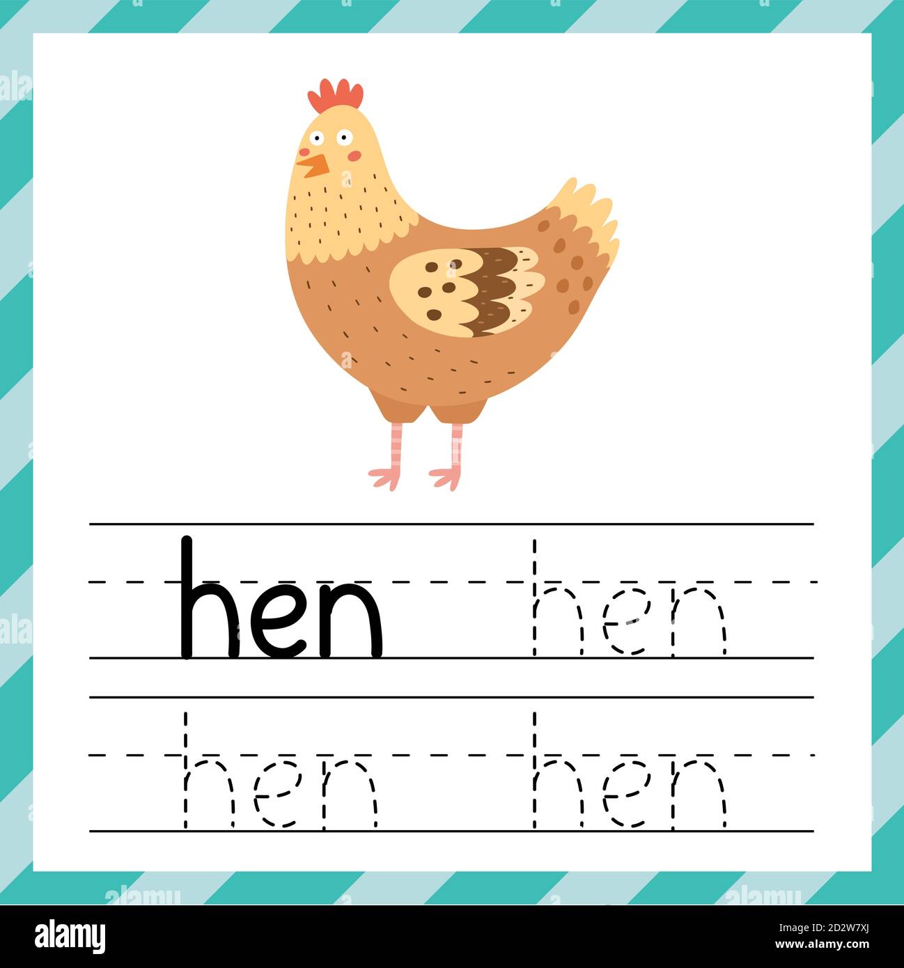 Foglio di lavoro per la traccia delle parole - Hen. Materiale didattico per bambini Illustrazione Vettoriale