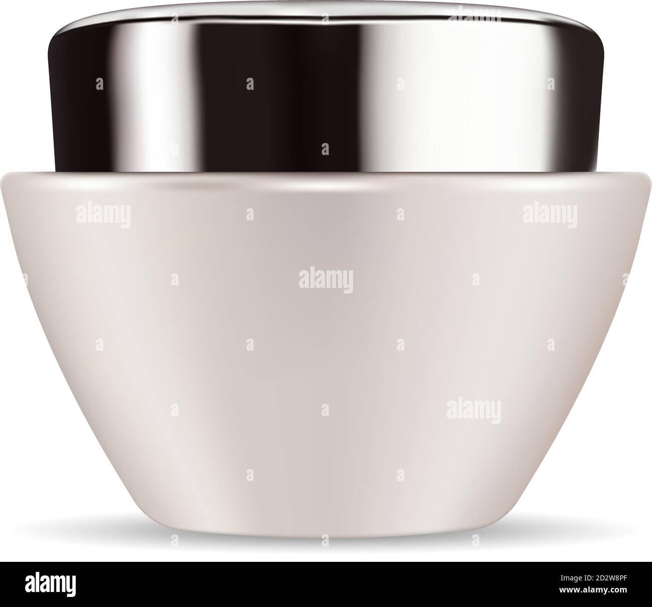 Vaso in vetro bianco perla con coperchio in plastica lucida nera per cosmetici - crema per il corpo, burro, scrub, sale da bagno, gel, cura della pelle, polvere. pa 3d realistico Illustrazione Vettoriale