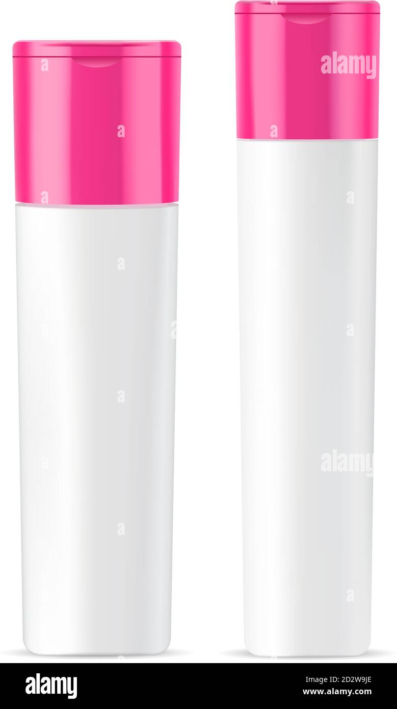 Set di mokup per bottiglie cosmetiche per shampoo, balsamo o gel doccia. Plastica argento realistico vettore 3d illustrazione della confezione cosmetica con coperchio rosso. Illustrazione Vettoriale