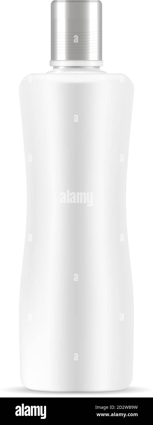 Boccetta cosmetica bianca. Realistico vettore 3d illustrazione della confezione cosmetica per shampoo. gel doccia, sapone con coperchio argento. Cancella modello vuoto Illustrazione Vettoriale
