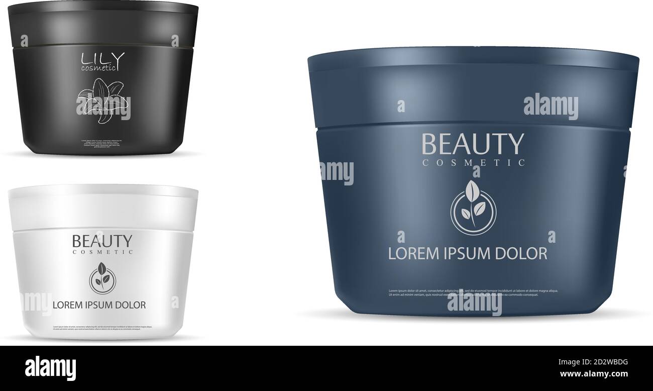 Vasetto cosmetico mockup vettoriale 3d per crema, unguento, polvere e altri prodotti. Modello di confezionamento per cosmetici fotorealistici con coperchio rosso. Vista frontale. E Illustrazione Vettoriale