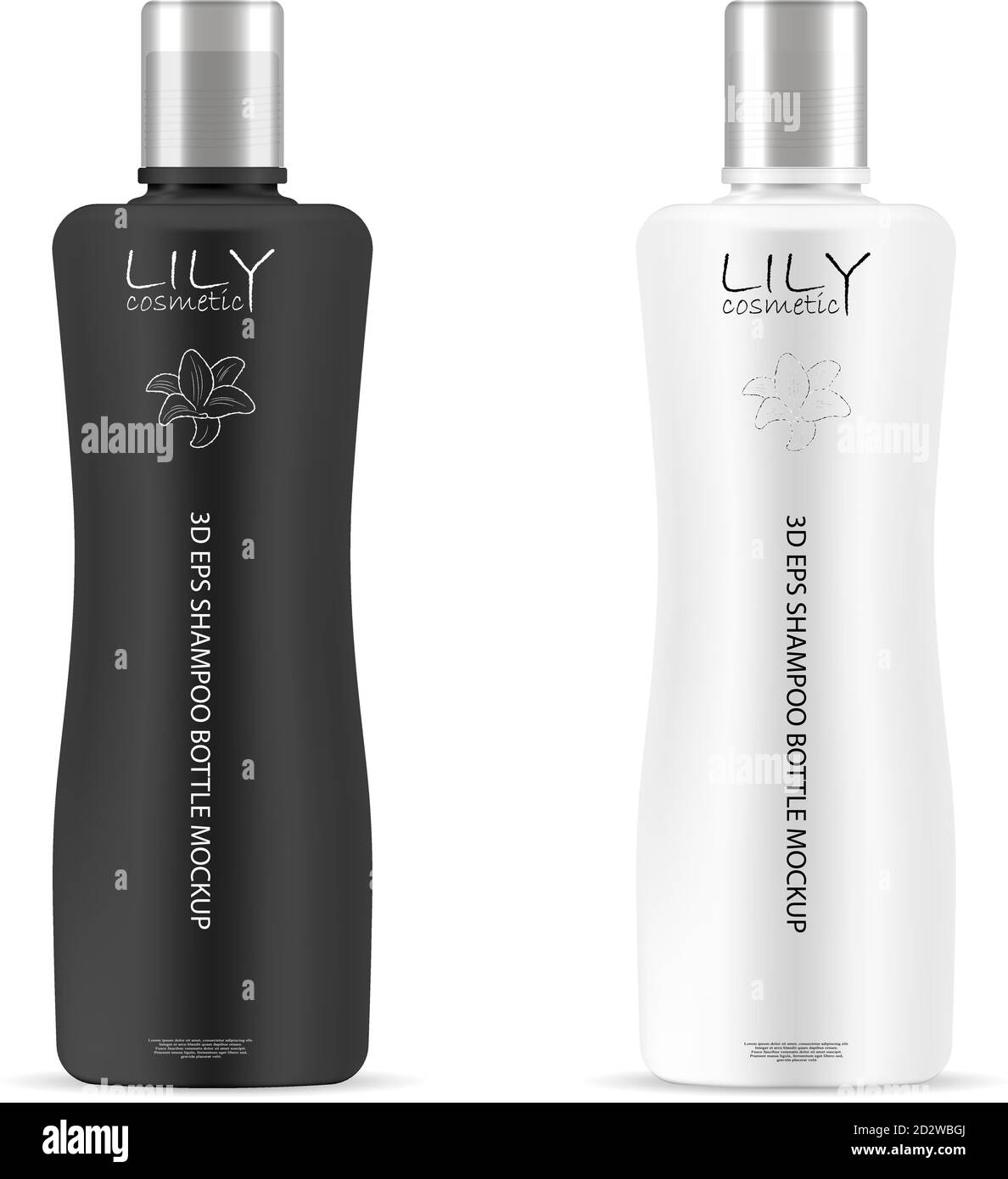 Set di mockup per bottiglie cosmetiche in bianco e nero. Realistico vettore 3d illustrazione della confezione cosmetica per shampoo. gel doccia, sapone con coperchio argento. Cancella Illustrazione Vettoriale