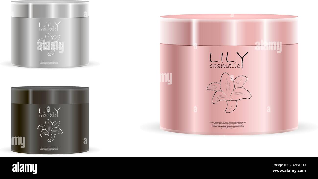 Confezione di vasetti in color argento, oro rosa e nero con etichetta e logo. Bombolette cosmetiche di diversa altezza con coperchi metallici o in plastica. Packagi Illustrazione Vettoriale