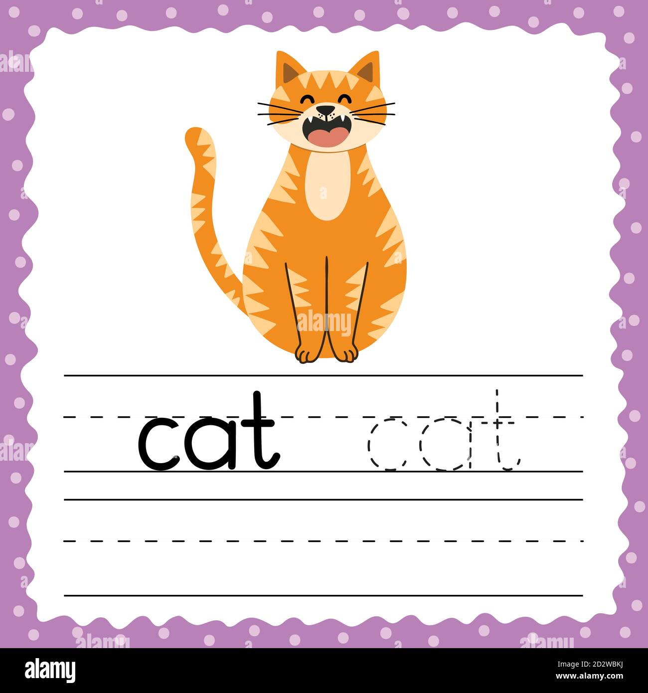 Imparare a scrivere parole flashcard. Parola a tre lettere - Cod. PROD. Scheda flash per esercizio di traccia Illustrazione Vettoriale