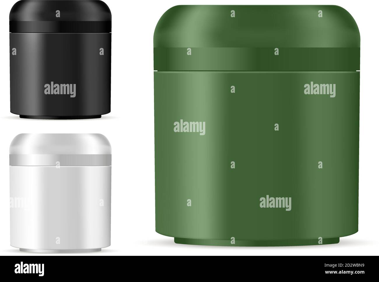 Boccaini cosmetici per panna, unguento, polvere e altri prodotti. Modello di imballaggio fotorealistico con etichetta campione e logo. Vista frontale. Illustrazione Vettoriale