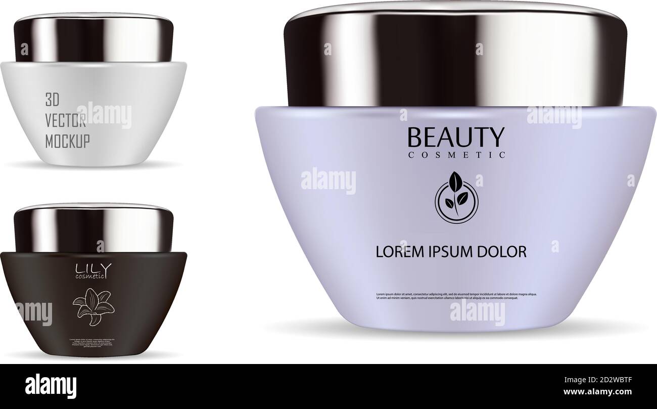 Vaso in vetro opaco a forma di cono con coperchio in plastica lucida nera per cosmetici - crema corpo, burro, scrub, bagno di sale, gel, cura della pelle, polvere. pac 3d realistica Illustrazione Vettoriale