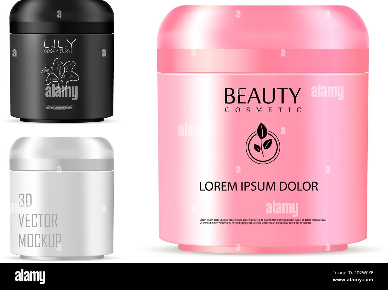 Boccaini cosmetici per panna, unguento, polvere e altri prodotti. Modello di imballaggio fotorealistico con etichetta campione e logo. Vista frontale. Illustrazione Vettoriale