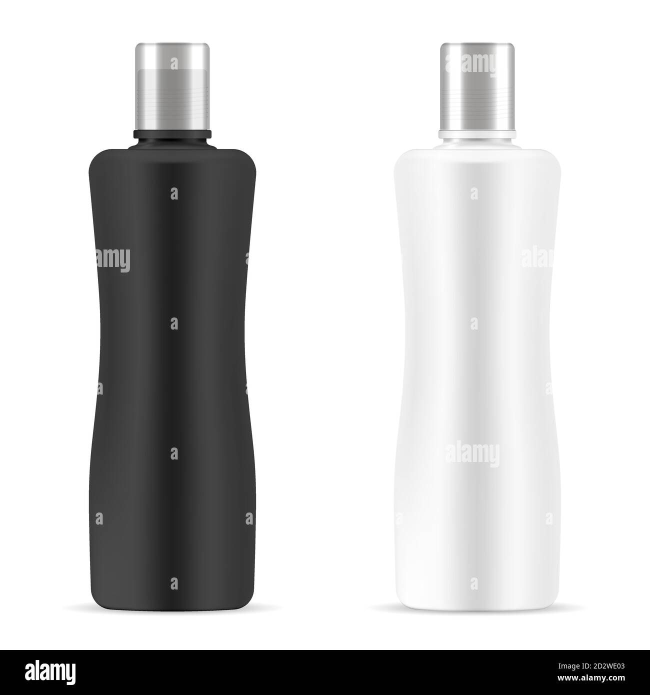 Set di mockup per bottiglie cosmetiche in bianco e nero. Realistico vettore 3d illustrazione della confezione cosmetica per shampoo. gel doccia, sapone con coperchio argento. Cancella Illustrazione Vettoriale