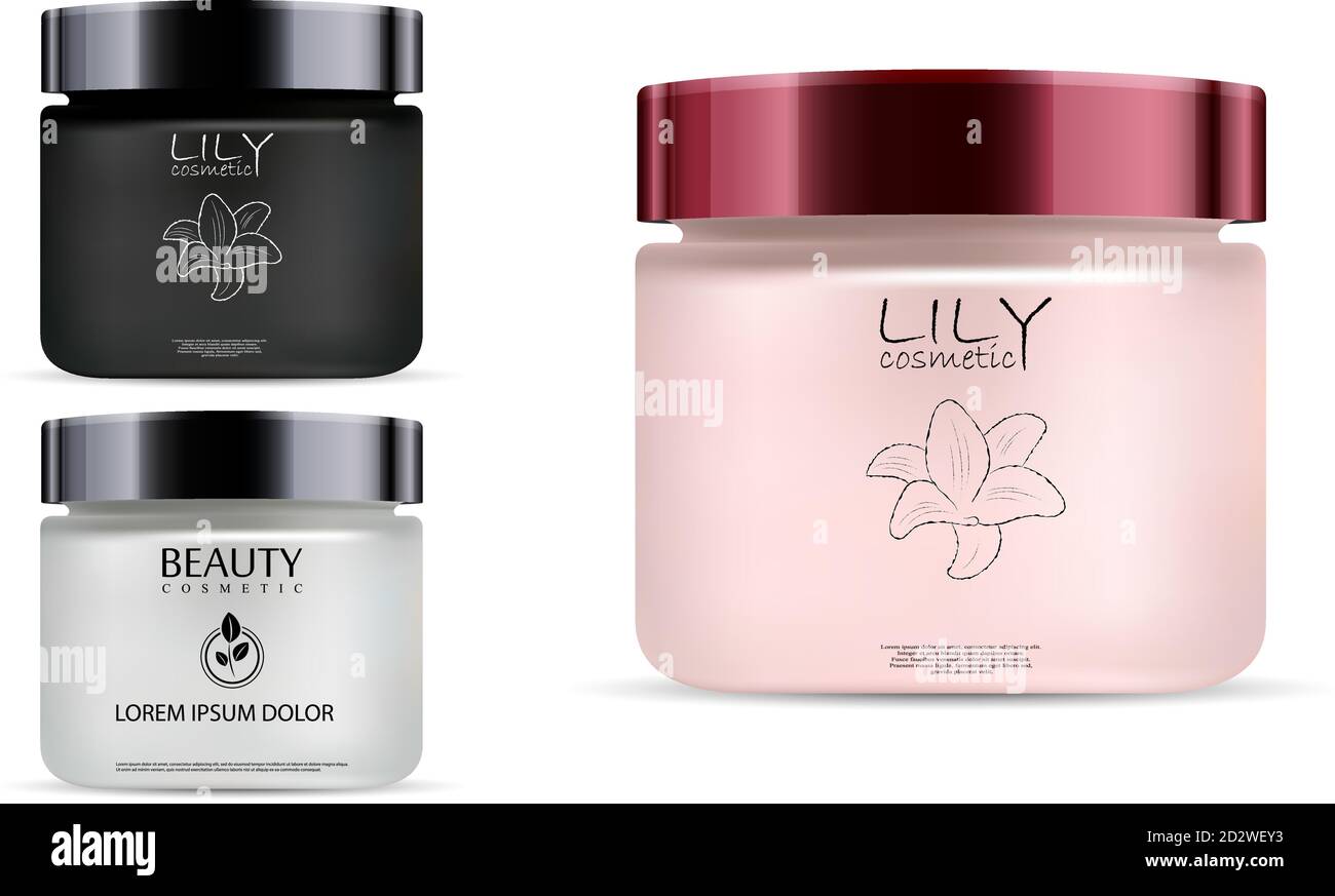 Vasetto rotondo in vetro opaco bianco, rosa e nero con coperchio in plastica lucida nera per cosmetici - crema corpo, burro, scrub, sale da bagno, gel, cura della pelle, polvere. Illustrazione Vettoriale