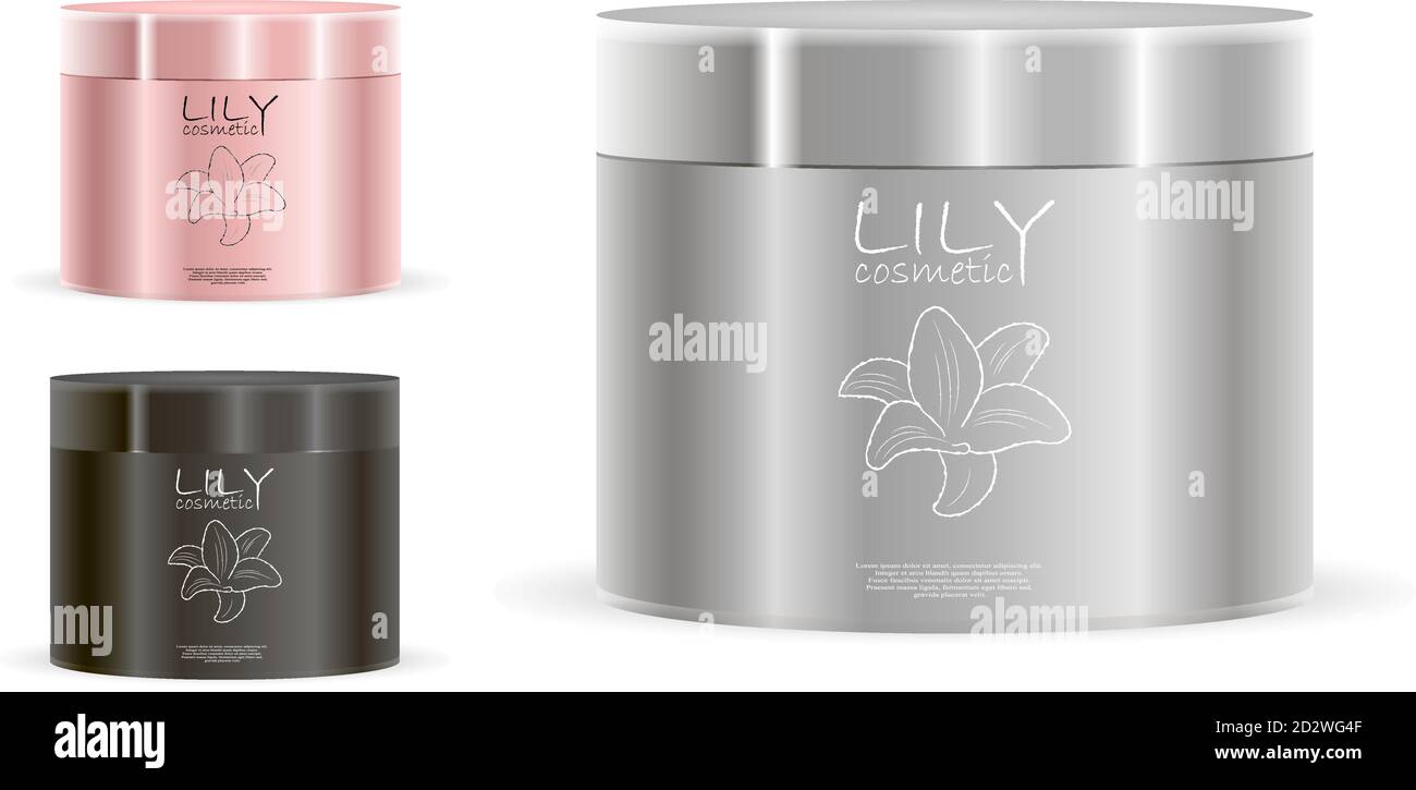 Confezione di vasetti in color argento, oro rosa e nero con etichetta e logo. Bombolette cosmetiche di diversa altezza con coperchi metallici o in plastica. Pacchetto Illustrazione Vettoriale