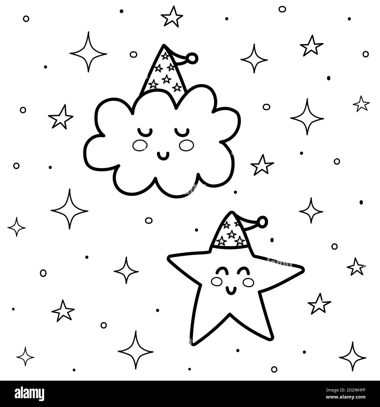Cute nuvola e stella nella pagina di colorazione cielo. Libro da colorare di buona notte per i bambini Illustrazione Vettoriale