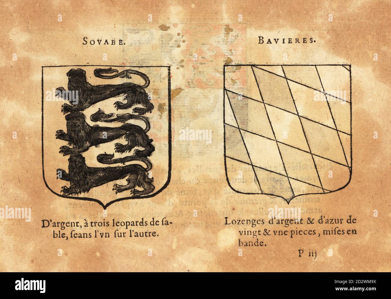 Stemma del Ducato di Svevia, Germania, con tre leopardi neri su campo d'argento, e del Ducato di Baviera, Germania, con losanghe in argento e blu in pieghe. L’archeuc d’Austriche, Saxe, Sovabe, Bavieres. Incisione a blocchi di legno colorato a mano da le Blason des Armoiries di Hierosme de Bara, Chez Rolet Bouton, Parigi, 1628 Foto Stock