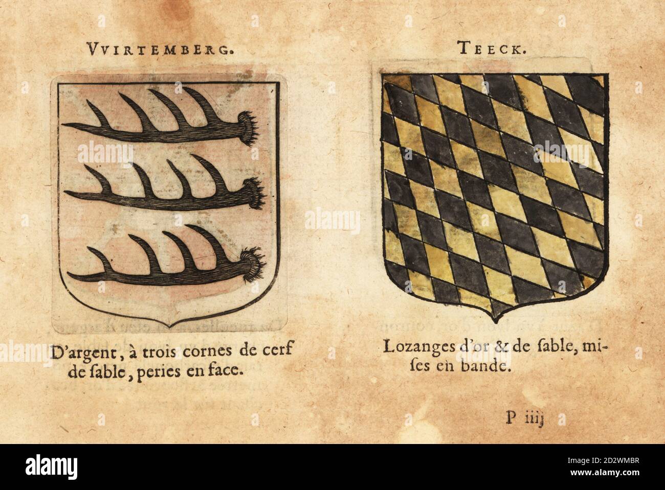 Stemma del Ducato di Württemberg, Germania, con tre formelle nere su campo d'argento, e del Ducato di Teck, Germania, con losanghe nere e dorate. Duchez: Vviretemberg, Teeck. Incisione a blocchi di legno colorato a mano da le Blason des Armoiries di Hierosme de Bara, Chez Rolet Bouton, Parigi, 1628 Foto Stock