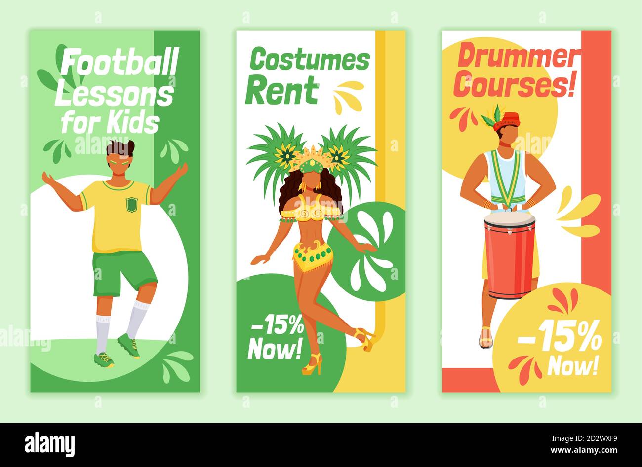 Set di modelli vettoriali piatti di volantini per carnevale brasiliani. Lezioni di calcio per bambini layout di progettazione opuscoli stampabili. Noleggio costumi. Corsi di batterista Illustrazione Vettoriale